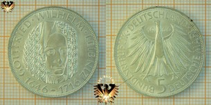 5 DM BRD 1966 D, Gottfried Wilhelm Leibniz 1646 bis 1716, Gedenkmünze
