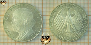 5 DM BRD 1969 G, Theodor Fontane 1819-1898, Gedenkmünze Silber