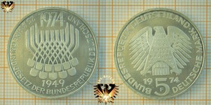 5 DM BRD 1974 F, 25 Jahre Grundgesetz der Bundesrepublik Deutschland 1974-1949, Gedenkmünze