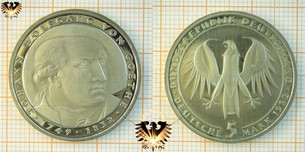 5 DM BRD 1982 D, Johann Wolfgang von Goethe, Kupfer/Nickel Gedenkmünze