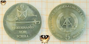 5 Mark, DDR, 1976, Ferdinand von Schill, 1776-1809