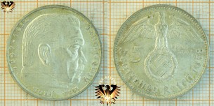5 Reichsmark, 1938, Hindenburg Hakenkreuz - Geprägt 1936 - 1939