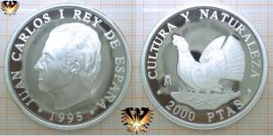 Auerhahn, 2000 Pesetas, 1995, Spanien, Endangered Wildlife, Silbermünze    