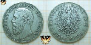 5 Mark Baden Silbermünze, 1876 G deutsches Reich, Grosherzog Friedrich  