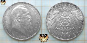 Bayern Kaiserreich Muenze, 3 Mark, Prinz-Regent Lvitpold 1911 D, Silber  