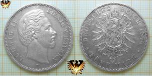Koenig Ludwig II von Bayern, Silbermünze, Kaiserreich zu 5 Mark, 1874 D  