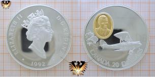 Canada, 1992, 20 Dollars, Silbermünze, Elizabeth II, Flugzeug, Gipsy Moth;