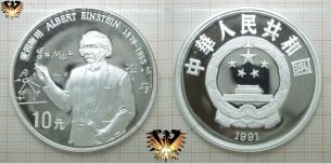 10 Yuan, 1991, Albert Einstein, Silbermünze, 25 Jahre Mondlandung    