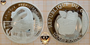 Prähistorische Tiere, Dinosaurier, Brachiosaurus branca, 1000 Francs, Republik Kongo, 1993, Silbermünze, Motivmünze