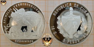 Prähistorische Tiere, Dinosaurier, Triceratops, 5 Pesos, Kuba, 1994, Silbermünze, Motivmünze
