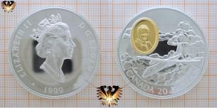 20 Dollars, Canada 1999, Flugzeug, DHC-8, Silbermünze, Vergoldung