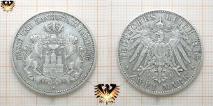 Hamburg Münze aus Silber, deutsche Kaiserzeit, Zwei Mark, 1907 J, freie und Hansestadt,  