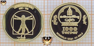 Mongolia, 1000 Tugrik, Terper, Togrog, 1999, Leonardo da Vinci, 1452-1519, Der vitruvianische Mann, 1/25 oz Goldmünze