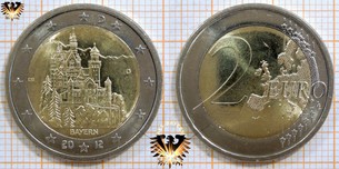 2 €, BRD, 2012 D, nominal Deutschland, Bayern, Schloss Neuschwanstein, Sammlermünze + Bilder vom Gedenkmünzenset 2012