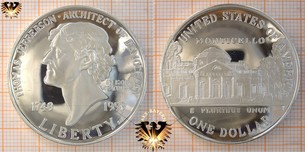 1 Dollar, USA, 1993, Thomas Jefferson, 250. Anniversary, 1743-1993