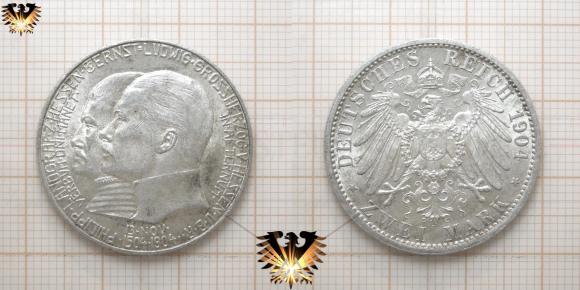 Zwei Reichsmark Hessen, Kaiserreich Silbermünze, 1904 A, Philipp von Hessen. © AuKauf.de