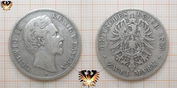 Deutsches Reich, Zwei Reichsmark Münze Silber: 2 RM: König Ludwig II, Regent vom Königreich Bayern. Geprägt in München von 1876 bis 1883.