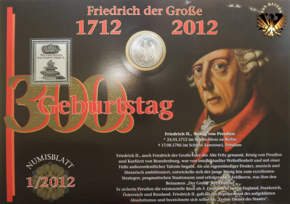 Numisblatt zur Gedenkmünze Friedrich der Große, 10 Euro aus dem Jahr 2012. Ständiger Ankauf von Numisblätter, Münzsammlungen und Einzelmünzen.