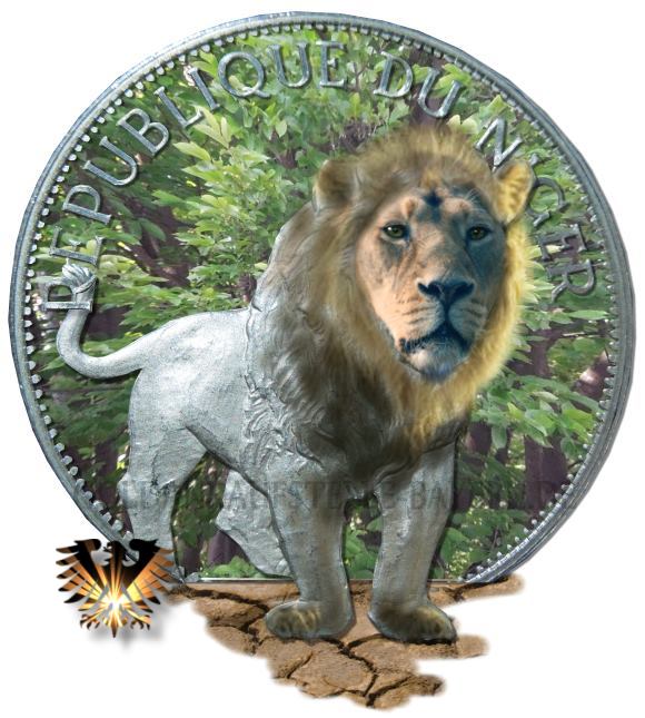 Das Bild zeigt die Vorderseite der Silbermünze aus Niger mit Löwe, von 1968 im Wert von 10 FRs, als eine Fotomontage.